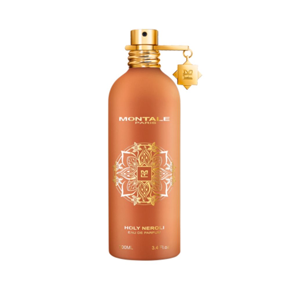 Montale Holy Neroli Eau de Parfum – uplifting floral citrus fragrance combining neroli, orange blossom, and white musk notes in an elegant 100ml matte bronze-orange bottle with intricate gold mandala design.