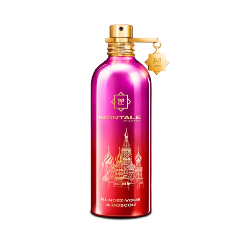 Montale Rendez-Vous à Moscou Eau de Parfum – opulent oriental floral fragrance inspired by Moscow, blending rose, white musk, and amber notes in a striking 100ml metallic red and pink gradient bottle with gold detailing and city design.
