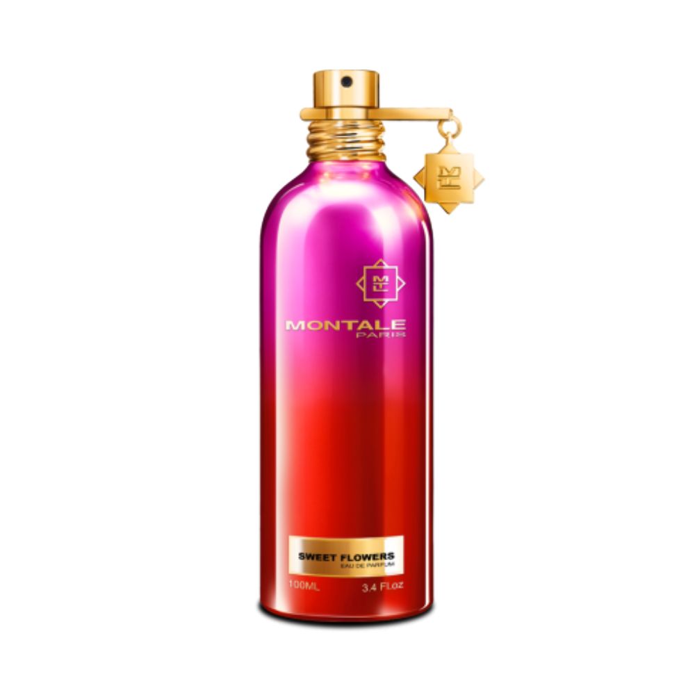 Montale Sweet Flowers Eau de Parfum – vibrant gourmand floral fragrance blending candy, white flowers, and patchouli notes in a radiant 100ml metallic pink-to-red gradient bottle with elegant gold detailing.