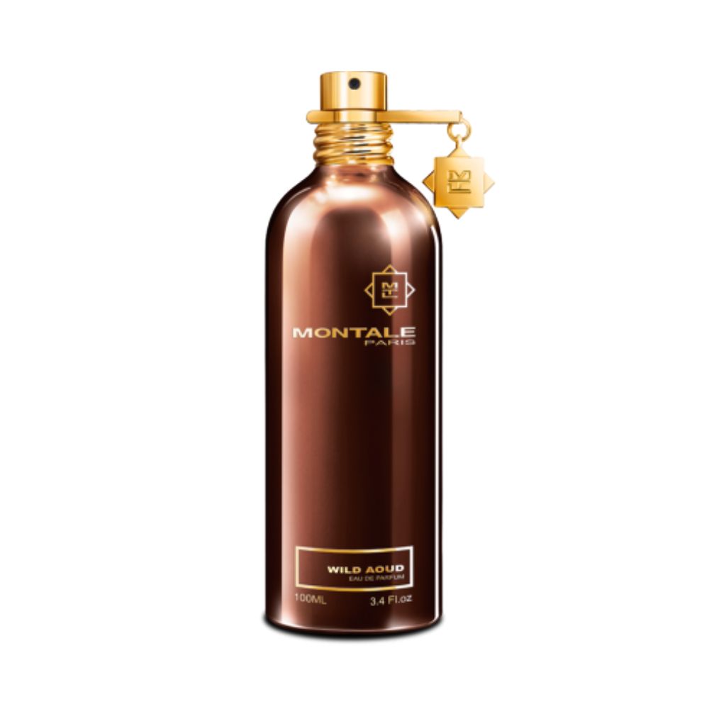 Montale Wild Aoud Eau de Parfum – intense woody oriental fragrance featuring powerful oud, leather, and patchouli notes in a sophisticated 100ml metallic bronze bottle with gold accents.