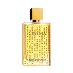 Yves Saint Laurent Cinéma Eau de Parfum in a rectangular clear bottle with gold liquid, featuring repeated vertical gold text and a square gold cap.