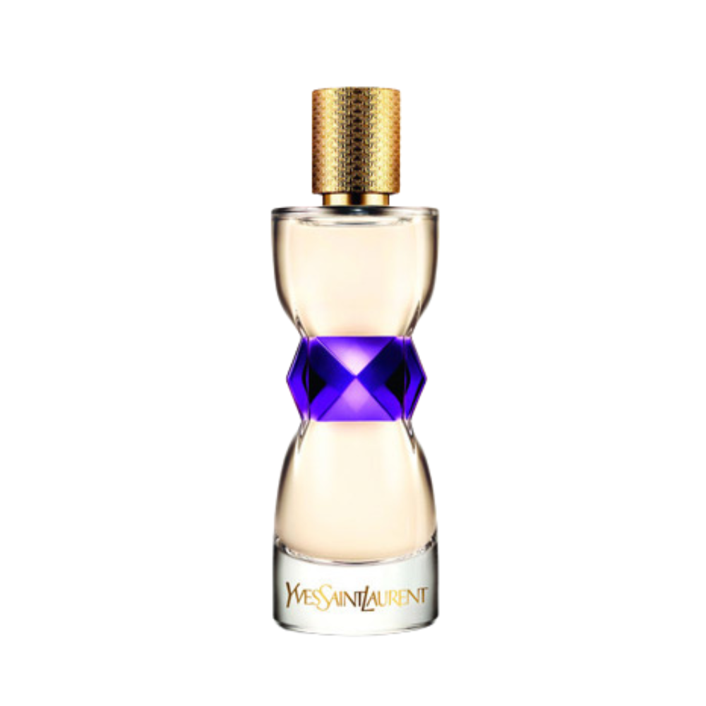 Yves Saint Laurent Manifesto Eau de Parfum in an hourglass-shaped clear bottle with a bold purple jewel-like band at the center and a textured gold cap.