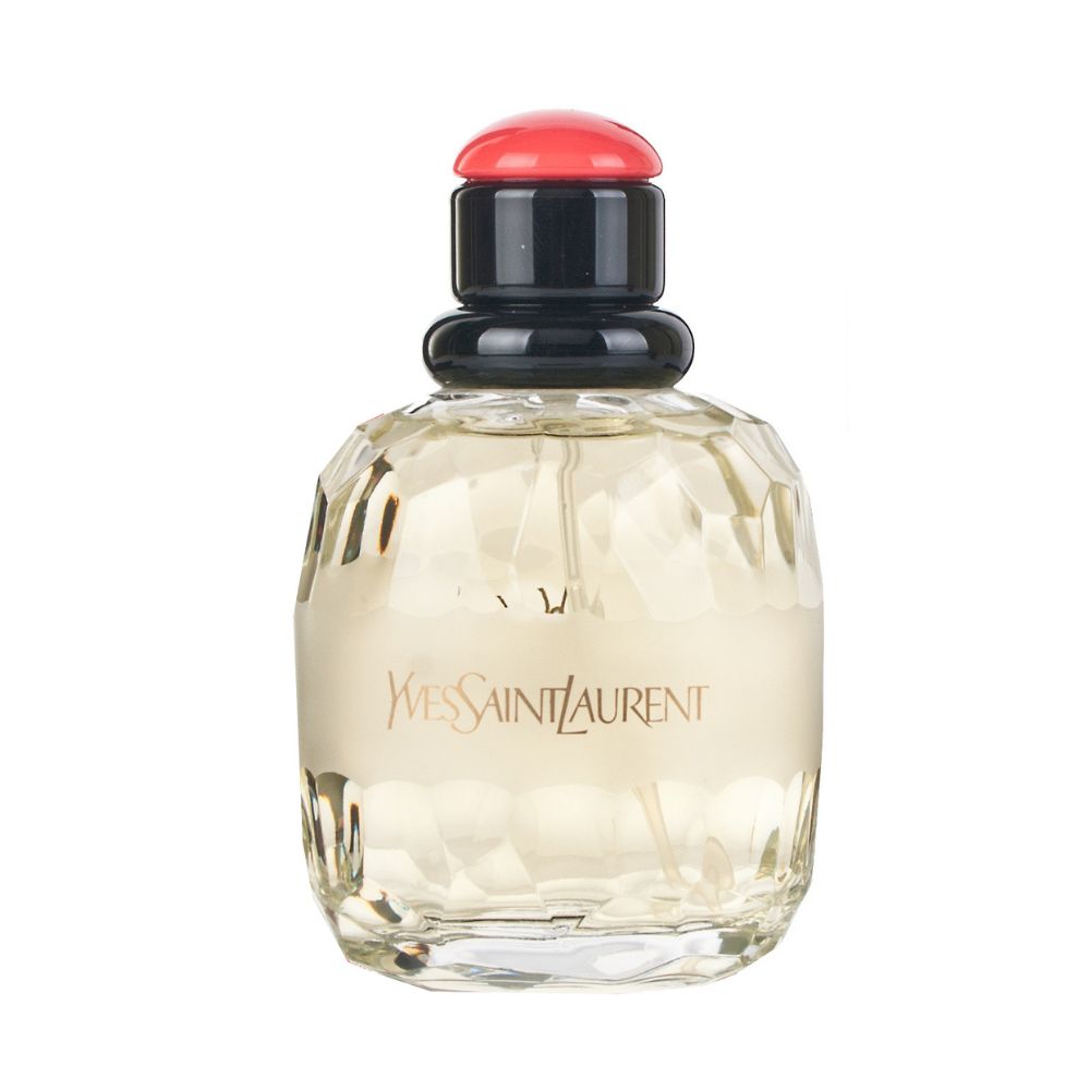 Yves Saint Laurent Paris Eau de Parfum in a faceted clear bottle with light golden liquid and a black cap topped with a red button-like detail.