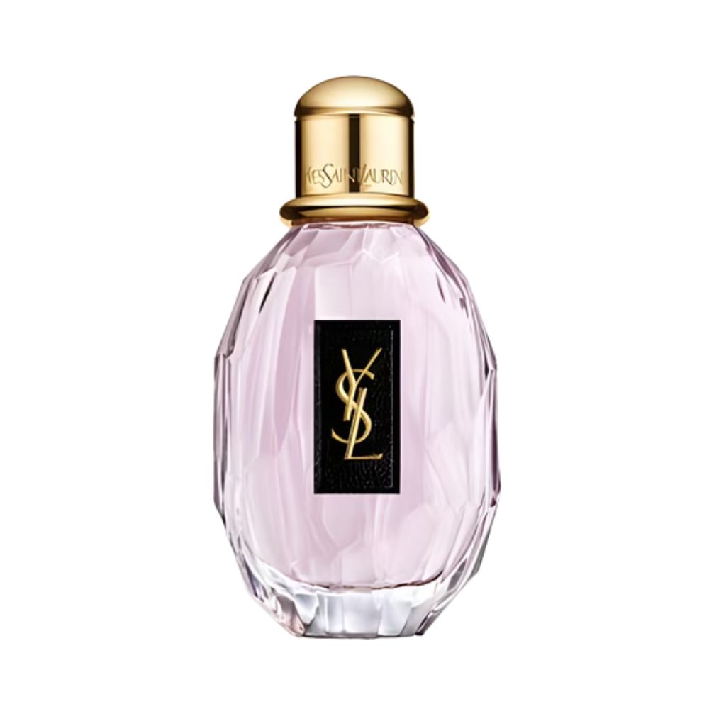 Yves Saint Laurent Parisienne Eau de Parfum in a faceted clear bottle with light pink liquid and a gold cap, featuring the black label with the gold YSL logo on the front.